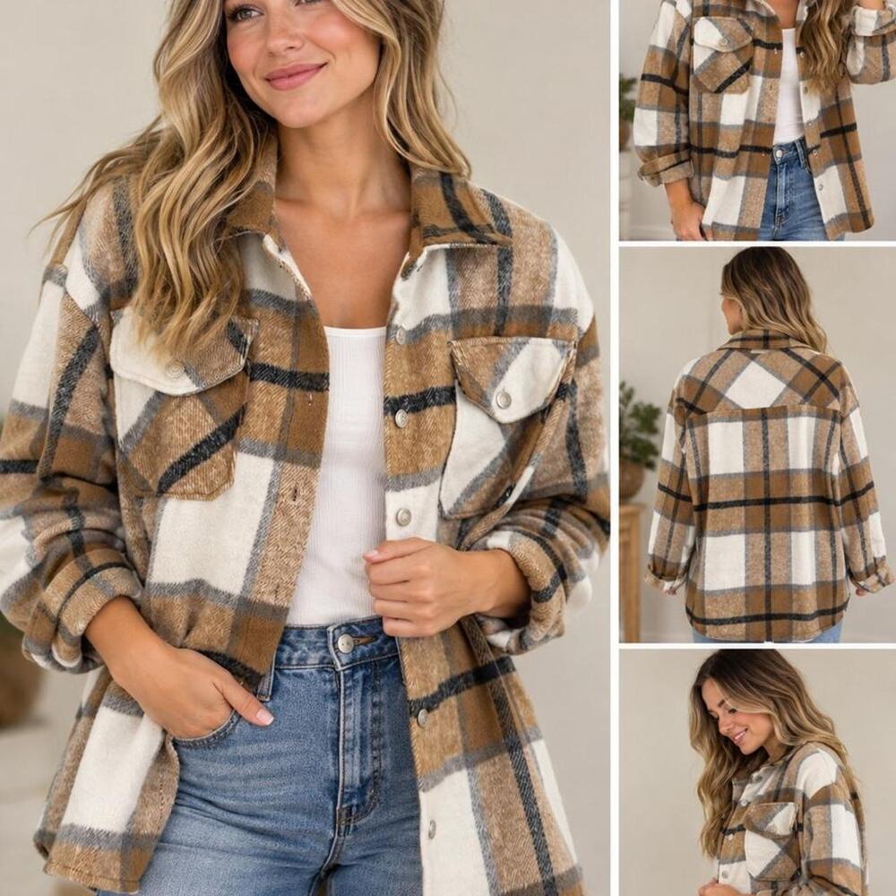 Brown Cream Black Plaid Oversized Shacket Flannel Jacket Size M